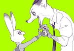  2016 anthro canine clothed clothing disney duo eye_contact female fist_bump fox fully_clothed greyscale judy_hopps lagomorph lime_background long_ears male mammal monmokamoko monochrome necktie nick_wilde open_mouth rabbit simple_background size_difference zootopia 