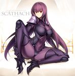  bodysuit breasts character_name closed_mouth copyright_name covered_navel covered_nipples english fate/grand_order fate_(series) flipped_hair harukon_(halcon) high_heels impossible_clothes large_breasts leg_lift long_hair looking_at_viewer looking_away on_bed pauldrons purple_bodysuit purple_hair red_eyes scathach_(fate)_(all) scathach_(fate/grand_order) sitting smile solo spread_legs twitter_username very_long_hair 