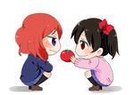  arablue black_hair blazer chibi jacket love_live! love_live!_school_idol_project multiple_girls nishikino_maki no_nose otonokizaka_school_uniform profile purple_eyes red_eyes red_hair school_uniform simple_background tomato twintails white_background yazawa_nico 