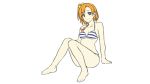  1girl arm_support barefoot bikini blue_eyes bow breasts cleavage collarbone full_body fuyu_rin hair_bow kousaka_honoka love_live! love_live!_school_idol_project medium_breasts orange_hair short_hair side_ponytail simple_background sitting smile solo striped striped_bikini swimsuit white_background yellow_bow 