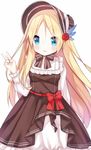 blonde_hair blue_eyes blush bonnet bow commentary_request dress frills highres lolita_fashion long_hair looking_at_viewer open_mouth saratoga_(zhan_jian_shao_nyu) solo tengxiang_lingnai v very_long_hair zhan_jian_shao_nyu 