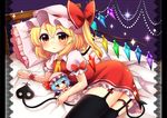  :&lt; absurdres ascot bed black_legwear blonde_hair blush bow character_doll closed_mouth crystal fang flandre_scarlet garter_straps hat hat_bow highres laevatein looking_at_viewer lying mob_cap on_bed on_side open_mouth pillow puffy_short_sleeves puffy_sleeves red_bow red_eyes red_shirt red_skirt remilia_scarlet ruhika shirt short_sleeves side_ponytail skirt skirt_set solo thighhighs touhou v-shaped_eyebrows wings wrist_cuffs 