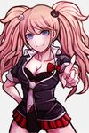  bear_hair_ornament blue_eyes bow breasts cleavage cowboy_shot danganronpa danganronpa_1 enoshima_junko grey_background hair_ornament hand_on_hip hisida large_breasts long_hair loose_necktie miniskirt nail_polish necktie pink_hair pleated_skirt pointing pointing_at_viewer red_nails red_skirt simple_background skirt smile solo spoilers twintails 