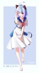  absurdres ahoge alternate_costume anchor arnold-s atlanta_(zhan_jian_shao_nyu) belt blue_hair bow casual cattail character_name dress full_body highres looking_at_viewer one_eye_closed parted_lips plant sailor_dress short_hair solo yellow_eyes zhan_jian_shao_nyu 