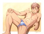  arm_support artist_name blue_eyes blush bulge dated dong_chen hand_on_own_knee heart knee_up looking_at_viewer male_focus male_swimwear open_mouth original outside_border reclining sand shirtless signature solo spread_legs swim_briefs swimwear 