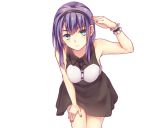  1girl black_hairband black_skirt blue_eyes dagashi_kashi fuyu_rin hairband hand_on_lap leaning_forward long_hair looking_at_viewer miniskirt nail_polish purple_hair red_nails shidare_hotaru shiny shiny_hair shirt simple_background skirt sleeveless sleeveless_shirt solo standing white_background wrist_cuffs 