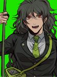  butterfly_net danganronpa formal glasses gokuhara_gonta green_background green_hair hand_net hisida insect_cage long_hair male_focus messy_hair muscle new_danganronpa_v3 orange_eyes simple_background smile solo suit upper_body 