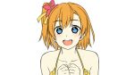  1girl :d bare_shoulders blue_eyes brown_hair collarbone eyebrows_visible_through_hair flower fuyu_rin hair_between_eyes hair_flower hair_ornament hair_ribbon kousaka_honoka looking_at_viewer love_live! love_live!_school_idol_project open_mouth portrait red_flower ribbon short_hair side_ponytail simple_background smile solo white_background yellow_bikini_top yellow_ribbon 