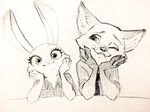  2016 anthro canine clothed clothing cute disney duo female fox fully_clothed judy_hopps lagomorph long_ears looking_at_viewer male mammal monmokamoko monochrome nick_wilde one_eye_closed pencil_(artwork) rabbit simple_background sketch traditional_media_(artwork) white_background zootopia 