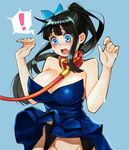  1girl adultonly bad_id bad_pixiv_id black_hair blue_background blue_dress blue_eyes blush breasts cleavage collar dress dungeon_and_fighter flower garter_belt groin hair_flower hair_ornament large_breasts leash long_hair looking_down open_mouth out-of-frame_censoring ponytail sidelocks solo spoken_exclamation_mark strapless strapless_dress surprised wind wind_lift 