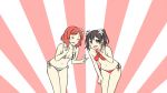  2girls :d bent_over bikini black_hair breasts cleavage collarbone eyes_closed flower fuyu_rin hair_flower hair_ornament halterneck love_live! love_live!_school_idol_project medium_breasts multiple_girls navel nishikino_maki open_mouth red_bikini red_eyes red_hair short_hair side-tie_bikini small_breasts smile standing striped striped_background striped_bikini swimsuit twintails white_flower yazawa_nico 