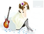  bad_id bad_pixiv_id brown_eyes brown_hair don't_say_&quot;lazy&quot; dress gochou_(atemonai_heya) guitar hair_ornament hairclip hirasawa_yui instrument jewelry k-on! necklace pantyhose short_hair sitting solo striped striped_legwear vertical-striped_legwear vertical_stripes 