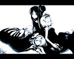  akiyama_mio aqua closed_eyes don't_say_&quot;lazy&quot; dress greyscale hajimenimodoru hat highres hirasawa_yui k-on! kotobuki_tsumugi long_hair mini_hat mini_top_hat monochrome multiple_girls short_hair tainaka_ritsu top_hat 