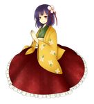  bad_id bad_pixiv_id blush flower full_body hair_ornament hands_together hieda_no_akyuu highres japanese_clothes own_hands_together purple_eyes purple_hair short_hair smile solo touhou transparent_background yutsu 
