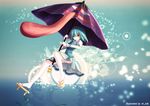  absurdres aqua_hair bad_id bad_pixiv_id chuukarudoruhu geta heterochromia highres karakasa_obake panties pantyshot purple_umbrella short_hair skirt smile solo tatara_kogasa tongue touhou umbrella underwear upskirt wallpaper water 