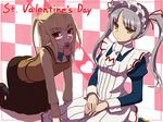  1girl apron blonde_hair blush bow brown_eyes chocolate gift hairband heart lace maid maria_holic mole mole_under_eye mouth_hold negija otoko_no_ko pantyhose red_eyes ribbon school_uniform shidou_mariya shinouji_matsurika skirt twintails valentine 