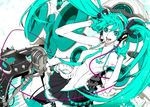  gloves green_eyes green_hair hatsune_miku headphones instrument keyboard_(instrument) long_hair melt_(vocaloid) microphone microphone_stand miwa_shirou necktie solo speaker synthesizer thighhighs twintails very_long_hair vocaloid 
