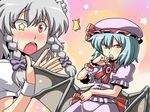  2girls :o angry bat_wings blue_hair blush highres izayoi_sakuya multiple_girls pacifier red_eyes remilia_scarlet silver_hair star surprised sweatdrop symbol-shaped_pupils touhou tsuki_wani wings 