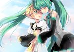  1girl aqua_hair blonde_hair blush closed_eyes couple detached_sleeves error green_eyes hatsune_miku hetero highres hikari_no hug hug_from_behind jpeg_artifacts kagamine_len long_hair nail_polish necktie petals short_hair skirt twintails very_long_hair vocaloid yellow_nails 