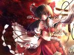  bow brown_hair detached_sleeves gohei hair_bow hakurei_reimu long_hair navel ofuda red_eyes ribbon solo torii touhou wallpaper xephonia 