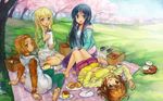  akiyama_mio barefoot black_hair blonde_hair blue_eyes brown_eyes brown_hair cake cherry_blossoms cup day dress food grass hair_ornament hairband hanami highres hirasawa_yui jane_mere k-on! kneeling kotobuki_tsumugi laughing long_hair lying multiple_girls orange_eyes outdoors pastry picnic picnic_basket pudding short_hair sitting smile tainaka_ritsu thermos tree 