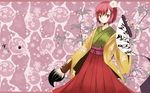  calligraphy_brush flower giant_brush hair_flower hair_ornament hieda_no_akyuu highres japanese_clothes paintbrush pink_hair scroll short_hair solo takaharu touhou wallpaper 