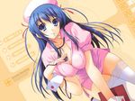  blue_eyes blue_hair breasts cleavage copyright_request large_breasts long_hair nurse solo stethoscope thermometer thighhighs tomose_shunsaku wallpaper zettai_ryouiki 
