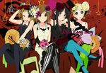  akiyama_mio black_hair black_legwear blonde_hair blue_legwear bouquet brown_hair don't_say_&quot;lazy&quot; earrings flower green_legwear hair_bun hat high_heels hirasawa_yui jewelry k-on! kotobuki_tsumugi long_hair mini_hat mini_top_hat multiple_girls naosuke_(morioka_shachuu) pantyhose shoes short_hair striped striped_legwear tainaka_ritsu top_hat vertical-striped_legwear vertical_stripes 