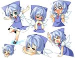  &gt;_&lt; 1girl :&gt; =_= blue_eyes blue_hair blush bow cirno closed_eyes embarrassed expressions fang hair_bow hand_up hands ice ice_wings juliet_sleeves kokka_han long_sleeves o_o outstretched_arms puffy_sleeves ribbon shoes simple_background socks spread_arms surprised surprised_arms tears touhou wings 