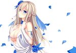  absurdres areola_slip areolae bare_shoulders blue_eyes blue_flower blue_rose braid breasts bridal_gauntlets cleavage derivative_work dress flower hair_flower hair_ornament highres jewelry jyt large_breasts lexington_(zhan_jian_shao_nyu) long_hair looking_at_viewer necklace no_bra petals platinum_blonde_hair rose smile solo white_dress zhan_jian_shao_nyu 