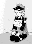  1girl =_= anchor_hair_ornament floor fujinoki_(horonabe-ken) full_body gloves greyscale hair_ornament hat iron_cross kantai_collection low_twintails microskirt military military_hat military_uniform monochrome parted_lips peaked_cap pet_shaming prinz_eugen_(kantai_collection) seiza sign sitting skirt solo thighhighs translation_request twintails uniform wall 