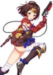  bandages brown_hair dual_wielding gun holding huyumitsu koutetsujou_no_kabaneri mumei_(kabaneri) open_mouth red_eyes short_hair simple_background solo weapon white_background 