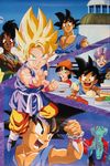  1girl 90s black_hair character_request dark_skin dragon_ball dragon_ball_gt fight food looking_at_viewer male_focus multiple_boys muscle pan_(dragon_ball) scan shiny_skin short_hair son_gohan son_gokuu super_saiyan trunks_(dragon_ball) uub 