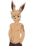  2016 alpha_channel areola blue_eyes clothing ear_piercing frown fur lagomorph looking_at_viewer male mammal muscular muscular_male navel nipples pants pecs piercing rabbit repeat_(visual_novel) shirokoi simple_background sissel_(repeat) solo tan_fur tattoo transparent_background 