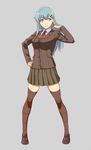  aqua_eyes aqua_hair ascot blazer breasts brown_footwear brown_legwear brown_skirt buttons full_body grey_background hair_ornament hair_tousle hairclip hand_on_hip ishii_hisao jacket kantai_collection loafers long_hair long_sleeves medium_breasts pleated_skirt school_uniform shoes simple_background skirt smile solo standing suzuya_(kantai_collection) thighhighs zettai_ryouiki 