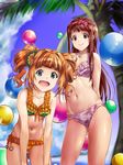  ball bikini blue_eyes brown_hair frilled_bikini frills hairband highres idolmaster idolmaster_(classic) idolmaster_million_live! k.sho leaning_forward long_hair multiple_girls open_mouth palm_tree pink_bikini red_eyes smile standing swimsuit takatsuki_yayoi tanaka_kotoha tree yellow_bikini 