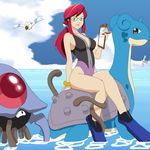  1girl bare_arms bare_shoulders blue_eyes bracelet breasts clouds elite_four glasses kanna_(pokemon) lapras large_breasts legs_crossed lips long_hair ocean pokemon pokemon_(game) pokemon_frlg ponytail red_hair sea sitting skirt sky sleeveless swimsuit tentacruel wingull 