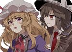  2girls black_hat blonde_hair bow bowtie brooch brown_coat brown_hair coat commentary_request e.o. eyebrows hair_between_eyes hair_ribbon hand_on_another's_shoulder hat hat_bow jewelry long_hair maribel_hearn mob_cap multiple_girls necktie open_mouth orange_eyes purple_coat purple_eyes red_bow red_bowtie red_necktie ribbon simple_background smile touhou tress_ribbon upper_body usami_renko white_background white_bow white_hat wing_collar 