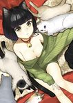  ^_^ animal animal_ears bangs bare_legs bare_shoulders bell bell_collar black_hair blue_eyes blunt_bangs bob_cut breasts cat cat_ears cat_tail cleavage closed_eyes closed_mouth collar colored_eyelashes fingernails from_above frown fur_trim gradient_eyes green_eyes green_sweater hand_on_own_knee highres jingle_bell long_fingernails long_sleeves looking_at_viewer medium_breasts multicolored multicolored_eyes nail_polish naked_sweater off_shoulder original oversized_clothes sawaco_(sawaco520) short_hair signature sitting sleeves_past_wrists sweater tail yellow_eyes 