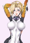 absurdres arm_behind_head arms_up blonde_hair blue_eyes bodysuit breastplate breasts breasts_apart covered_navel gggg hand_on_own_arm headgear highres large_breasts looking_at_viewer mechanical_halo mercy_(overwatch) no_wings open_mouth overwatch purple_background short_hair simple_background solo turtleneck upper_body wide_hips 