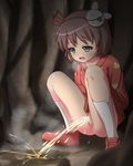  arisu_kazumi blush breath brown_hair green_eyes hair_ornament highres japanese_clothes no_panties open_mouth pee peeing pussy shirt_lift short_hair smile solo spread_legs squatting uncensored 