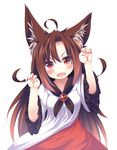  animal_ears brown_hair claw_pose daidai_ookami dress fang frilled_sleeves frills imaizumi_kagerou long_hair open_mouth red_eyes solo touhou wolf_ears 