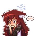  @_@ animal_ear_fluff animal_ears blush commentary dress embarrassed flying_sweatdrops imaizumi_kagerou long_sleeves md5_mismatch red_eyes red_hair solo spoken_blush touhou trembling white_background wolf_ears wool_(miwol) 