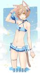  androgynous bikini bow brown_eyes brown_hair character_name crossdressing dan_(kumadan) felix_argyle hair_bow highres leg_garter male_focus navel otoko_no_ko re:zero_kara_hajimeru_isekai_seikatsu salute short_hair solo standing swimsuit water wristband 