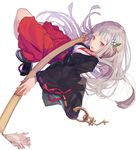  bangs blunt_bangs bunny_hair_ornament cross full_body hair_ornament hakama japanese_clothes kikkaiki kimono long_hair looking_at_viewer original purple_eyes red_ribbon ribbon ribbon-trimmed_sleeves ribbon_trim silver_hair simple_background solo white_background 