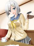  :d absurdres black_legwear blue_eyes breasts cardigan chair coffee coffee_mug coffee_pot couch cup eyes_visible_through_hair hair_ornament hair_over_one_eye hairclip hamakaze_(kantai_collection) highres holding indoors kantai_collection large_breasts mug neckerchief office open_mouth pantyhose papers pleated_skirt sailor_collar saucer school_uniform serafuku short_hair silver_hair skirt smile solo sweater tachi_(mtd) teacup yellow_neckwear 