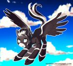 black_hooves day equine fan_character feathered_wings feathers feral flying grey_feathers hair hooves ka-samy looking_at_viewer male mammal my_little_pony nude outside pegasus sky smile solo white_eyes white_hair wings 