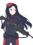  ammunition_pouch bad_id bad_pixiv_id beret beretta_rx4 blue_hair empty_eyes gloves gun hat highres holding holding_gun holding_weapon long_hair looking_away military military_uniform original paravene pouch radio red_eyes rifle simple_background sling solo trigger_discipline uniform weapon white_background 