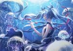  air_bubble bangs black_dress blue blue_eyes blue_hair blurry bubble colored_eyelashes depth_of_field dress fish floating_hair from_side hair_ribbon hand_on_own_chest hatsune_miku jellyfish light_rays long_hair minland4099 ocean profile reaching ribbon shinkai_shoujo_(vocaloid) sleeveless sleeveless_dress submerged tears twintails underwater vocaloid 