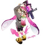  1girl artist_name azuma_aya bangs bike_shorts blunt_bangs brown_eyes commentary_request domino_mask fangs glasses ink_tank_(splatoon) inkling looking_at_viewer looking_back mask open_mouth paint pink_hair pointy_ears sharp_teeth shoes sketch solo splatoon_(series) splatoon_1 squid super_soaker teeth tentacle_hair white_background 